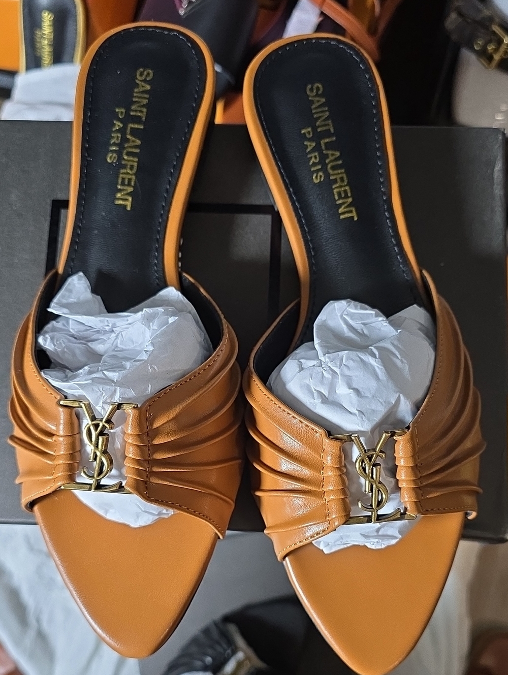 Saint Laurent Tan Leather Slide Sandals with Gold YSL Logo